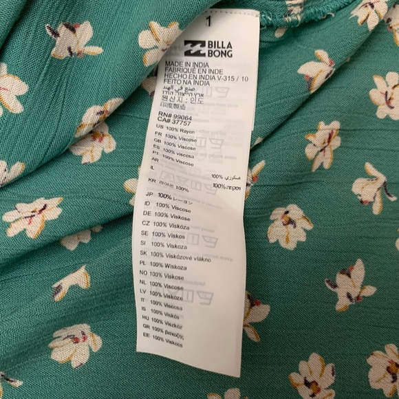 BillaBong Blouse Size Large Cold Off Shoulder Green Floral Oversized Flowy Boho - Picture 13 of 15